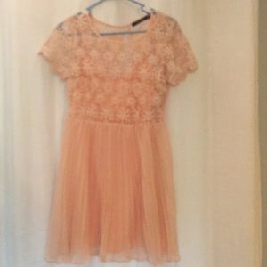 Peach lace and chiffon dress with matching slip